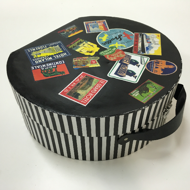 BOX, Hat Box - Black & White Stripe With Travel Stickers